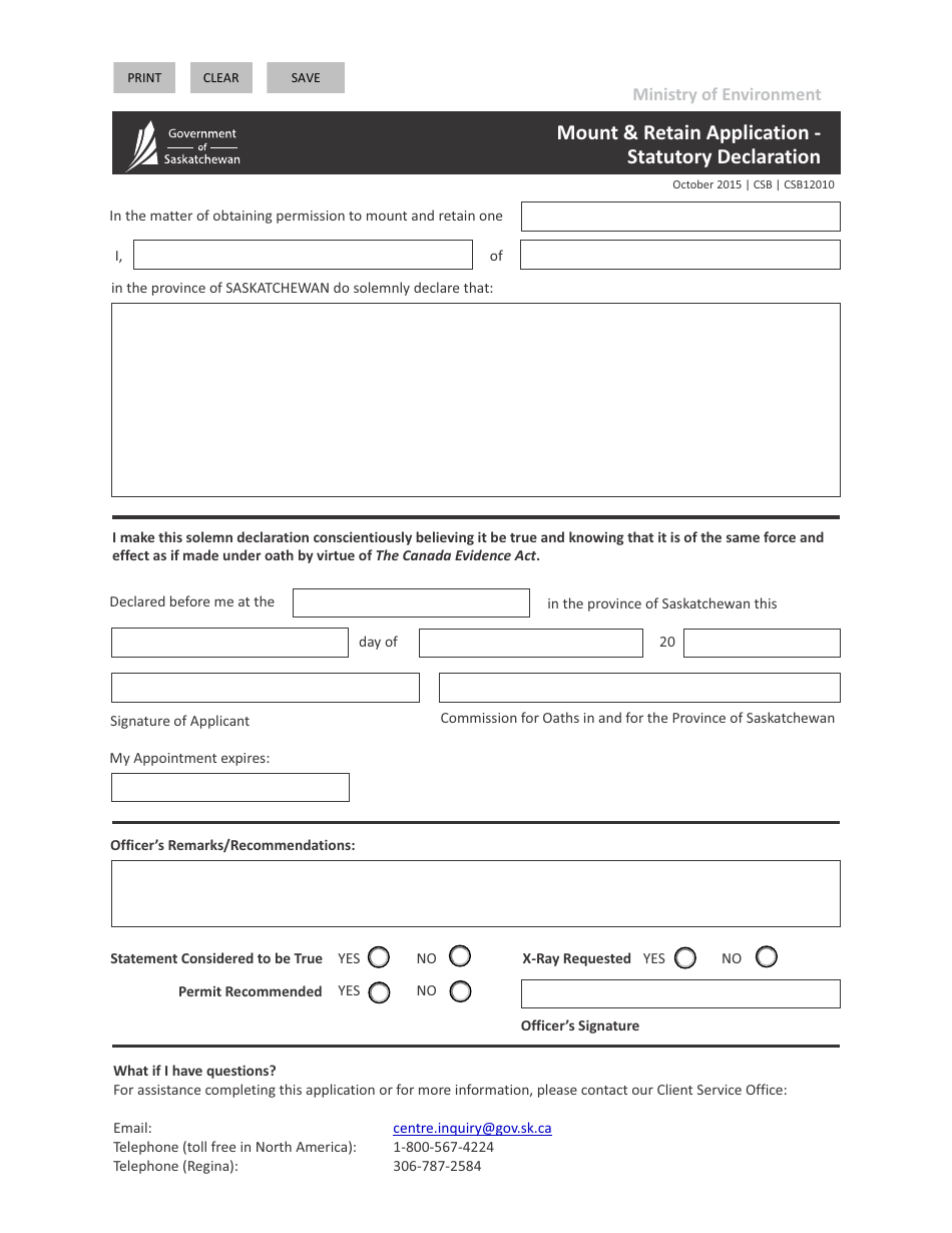 Form CSB12010 Mount  Retain Application - Statutory Declaration - Saskatchewan, Canada, Page 1