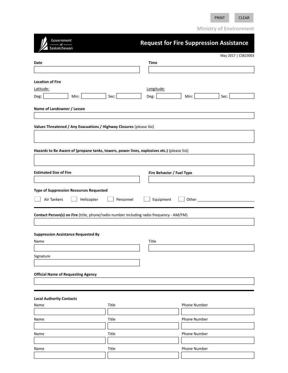 Form CSB23003 Request for Fire Suppression Assistance - Saskatchewan, Canada, Page 1