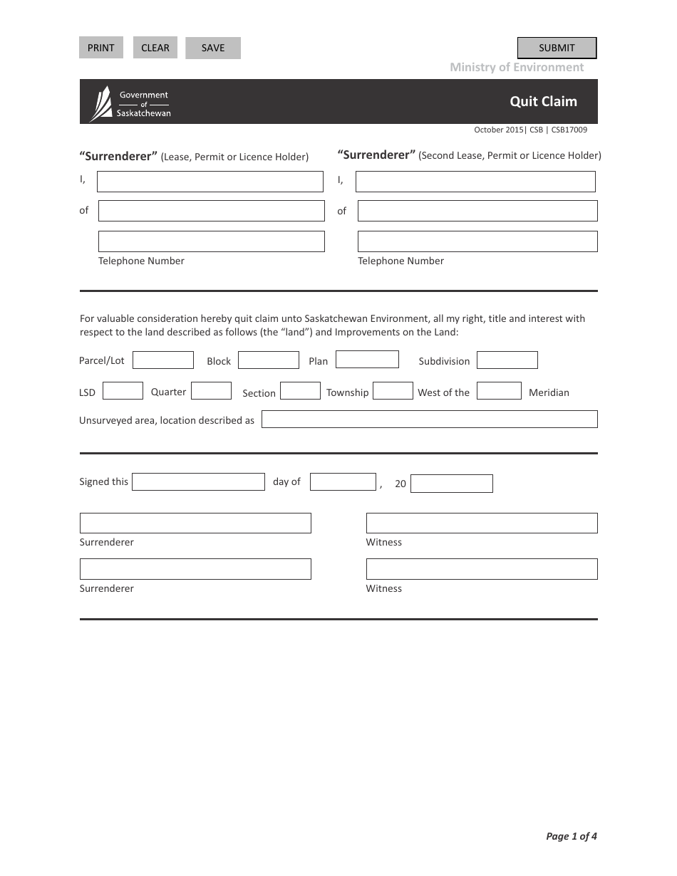 Form CSB17009 Quit Claim - Saskatchewan, Canada, Page 1