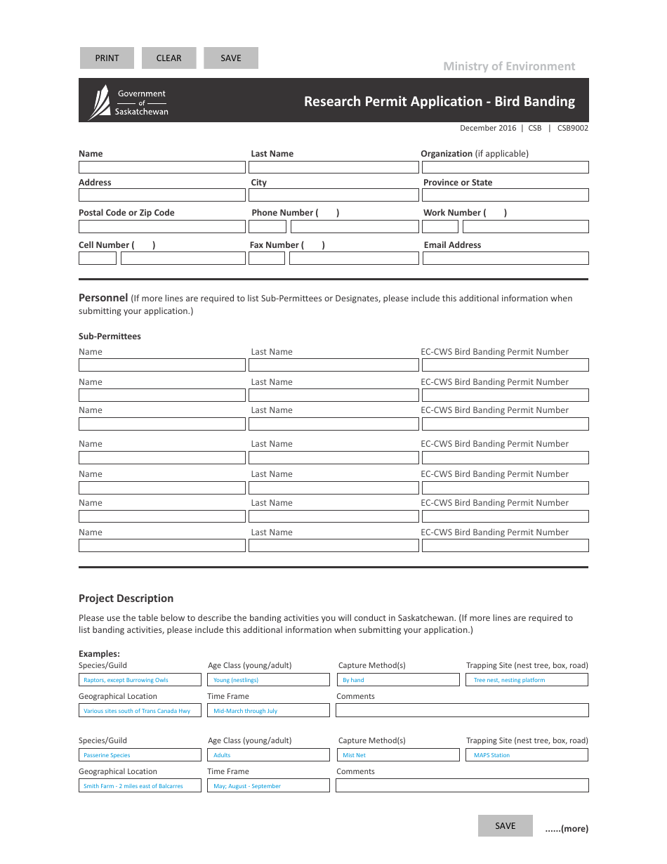 Form CSB9002 Research Permit Application - Bird Banding - Saskatchewan, Canada, Page 1