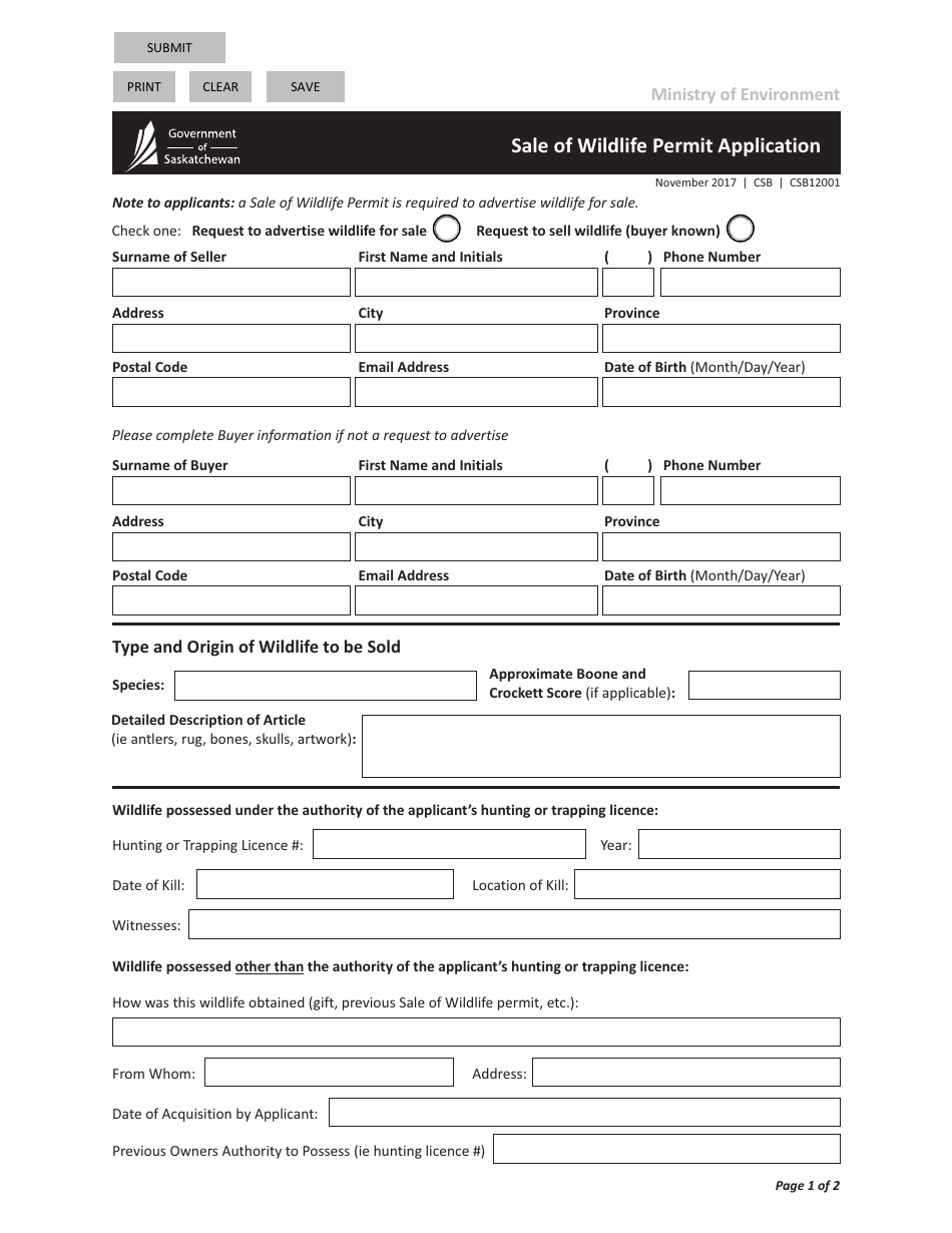 Form CSB12001 Sale of Wildlife Permit Application - Saskatchewan, Canada, Page 1