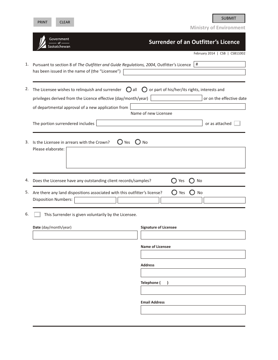 Form CSB11002 Surrender of an Outfitters Licence - Saskatchewan, Canada, Page 1