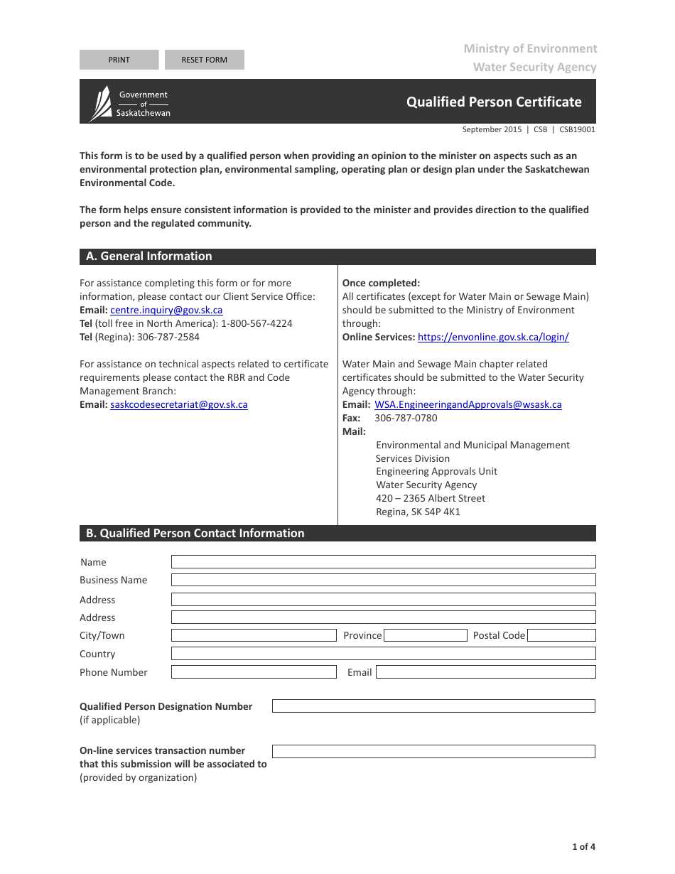Form CSB19001 Qualified Person Certificate - Saskatchewan, Canada, Page 1