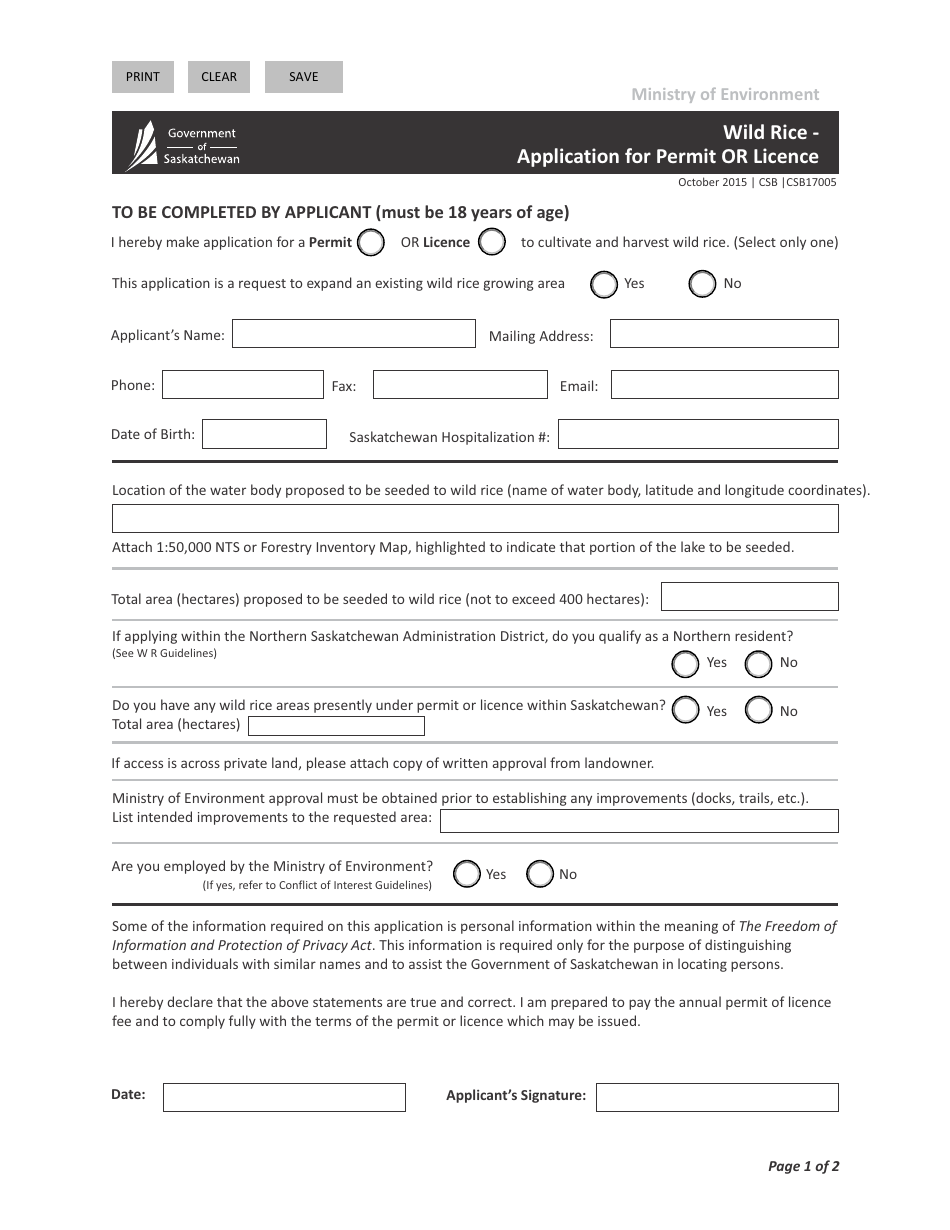 Form CSB17005 Wild Rice - Application for Permit or Licence - Saskatchewan, Canada, Page 1
