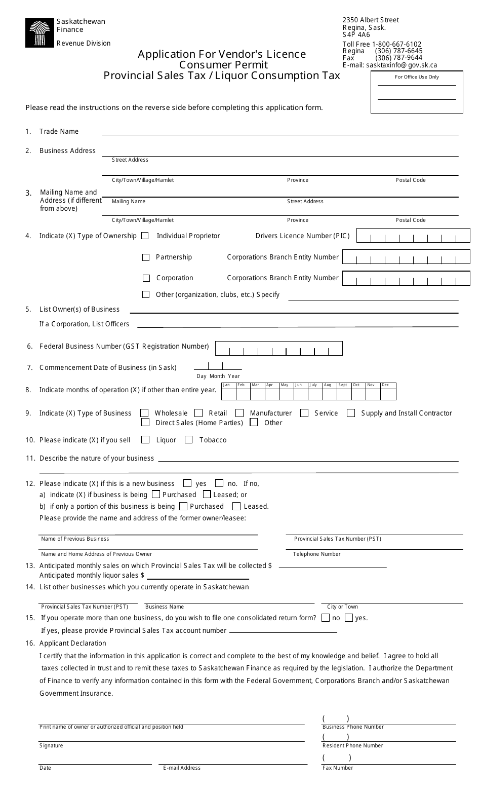 Application for Vendors Licence Consumer Permit Provincial Sales Tax / Liquor Consumption Tax - Saskatchewan, Canada, Page 1