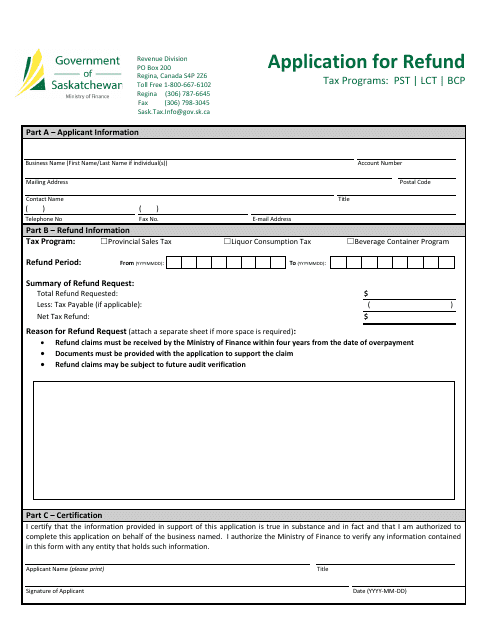 Application for Refund - Saskatchewan, Canada Download Pdf