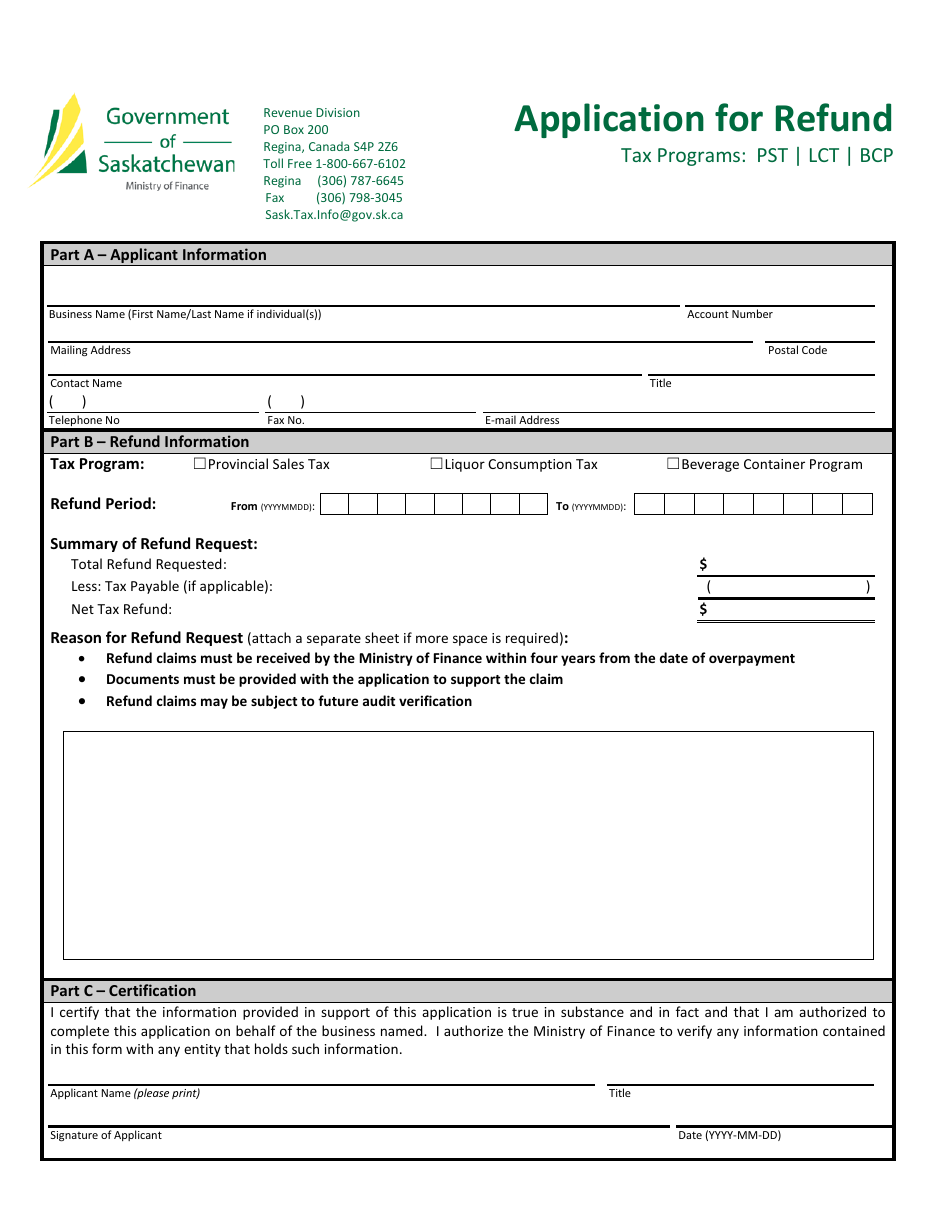 Saskatchewan Canada Application for Refund - Fill Out, Sign Online and ...