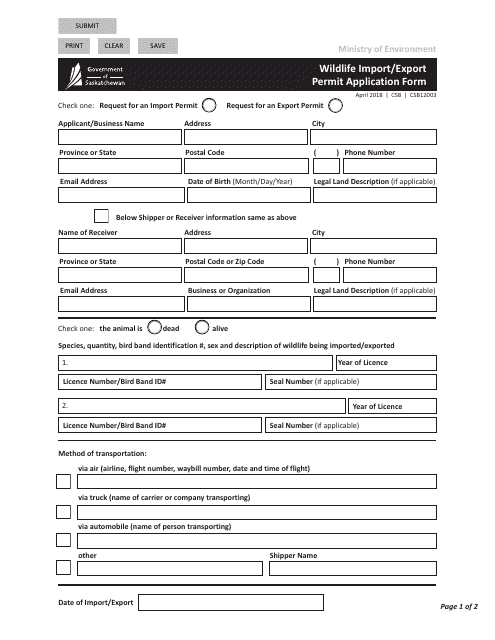Form CSB12003 Wildlife Import/Export Permit Application Form - Saskatchewan, Canada