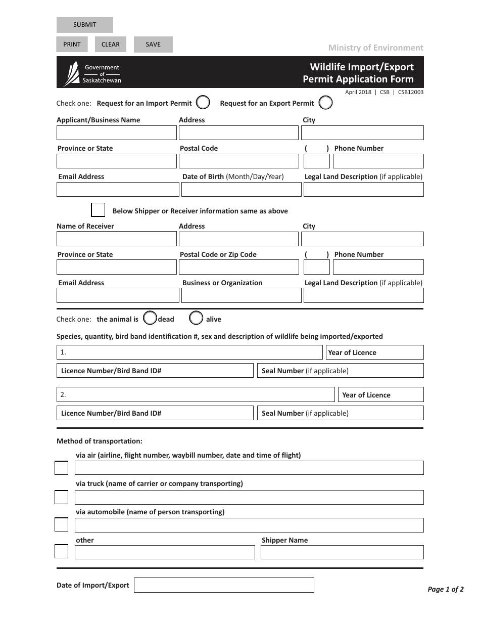 Form CSB12003 Wildlife Import / Export Permit Application Form - Saskatchewan, Canada, Page 1