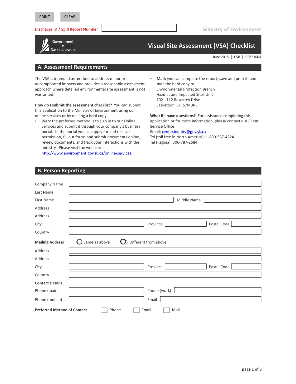 Form CSB21004 Visual Site Assessment (Vsa) Checklist - Saskatchewan, Canada, Page 1