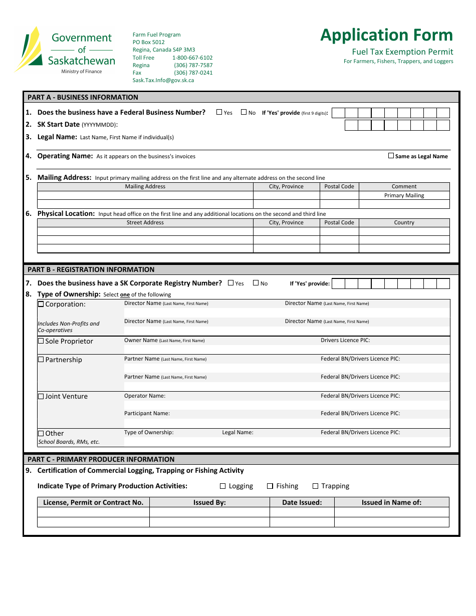 Application for Fuel Tax Exemption Permit - Saskatchewan, Canada, Page 1