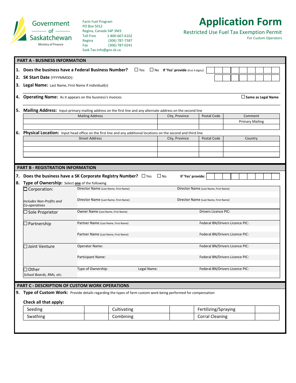 Application for a Restricted Use Fuel Tax Exemption Permit for Custom Operators - Saskatchewan, Canada, Page 1