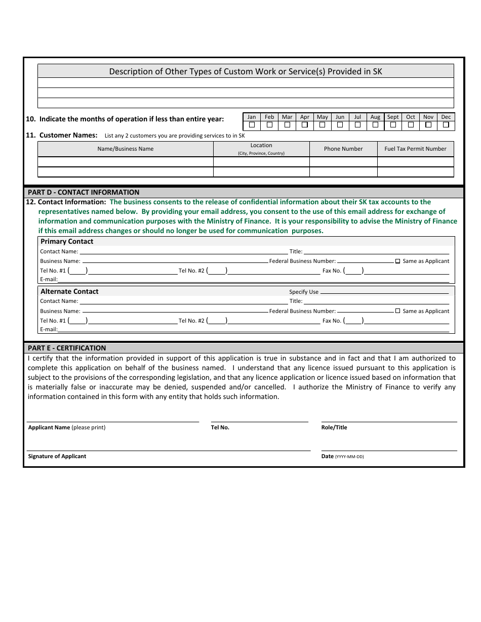 Application for a Restricted Use Fuel Tax Exemption Permit for Custom Operators - Saskatchewan, Canada, Page 2