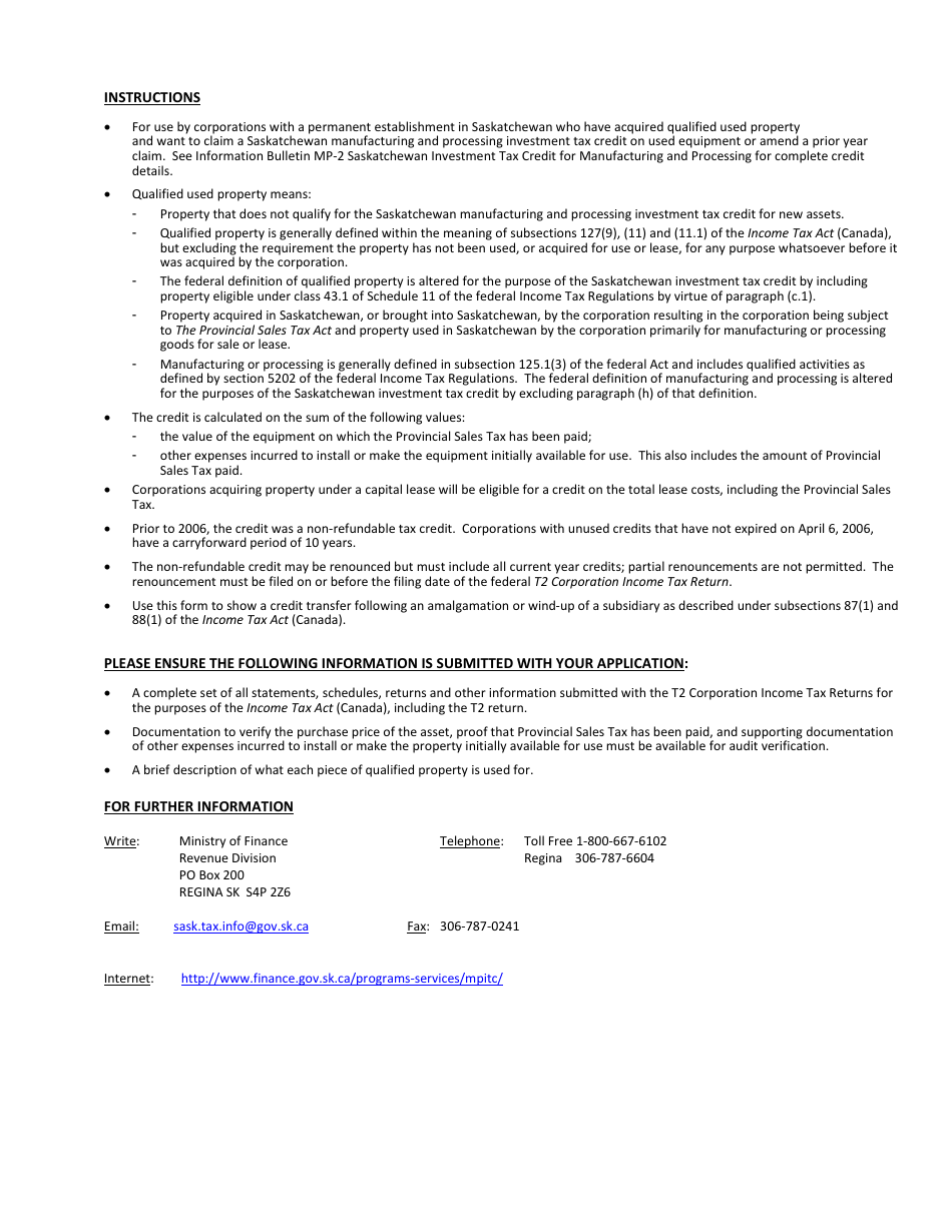 Saskatchewan Manufacturing and Processing Investment Tax Credit Application - Saskatchewan, Canada, Page 3