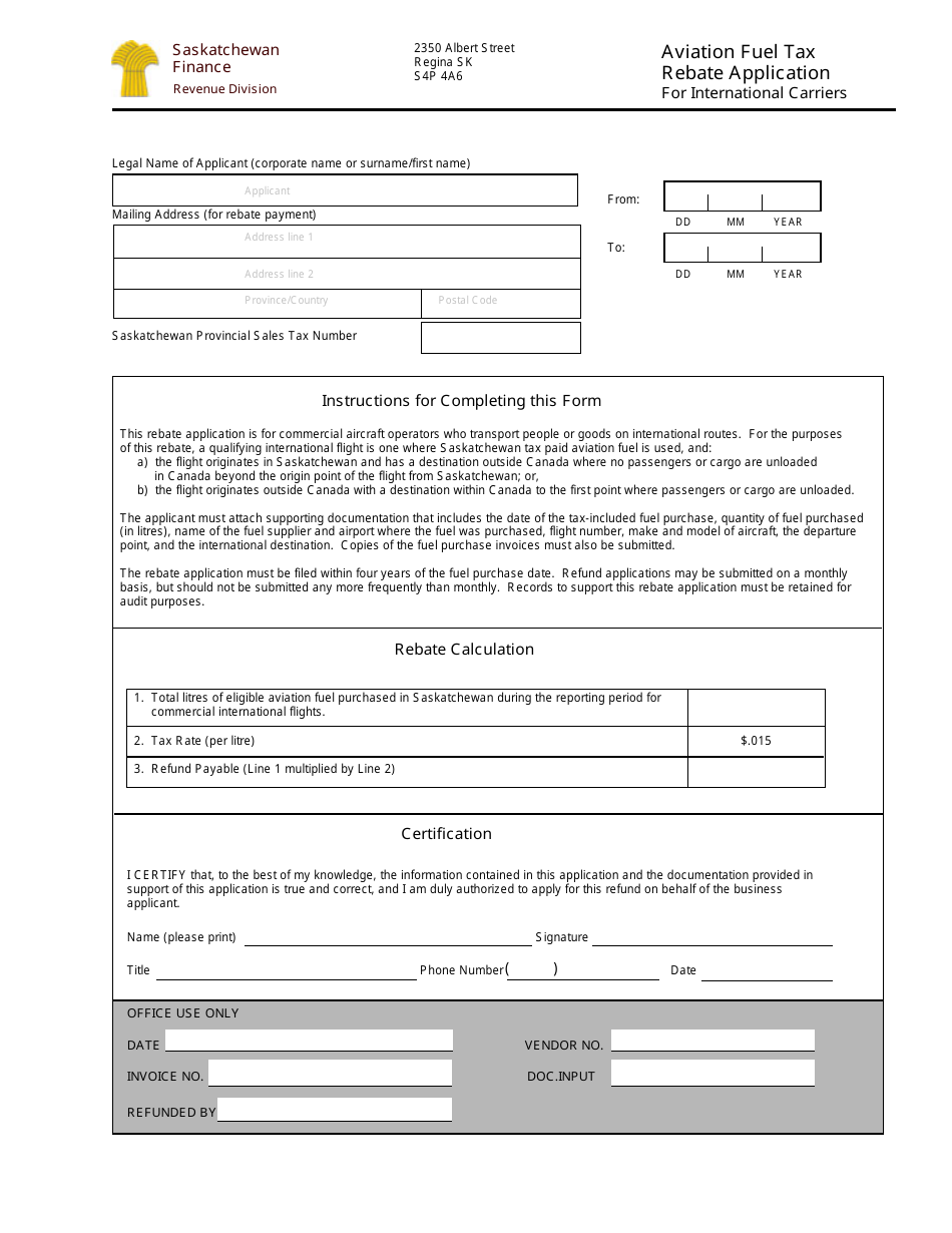 Aviation Fuel Tax Rebate Application for International Carriers - Saskatchewan, Canada, Page 1