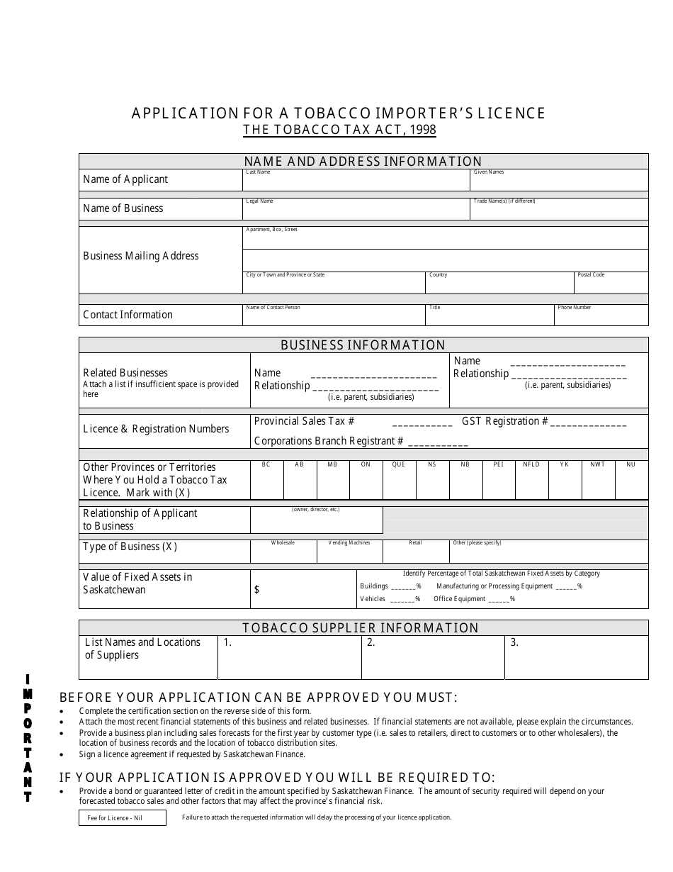 Application for a Tobacco Importers Licence - Saskatchewan, Canada, Page 1
