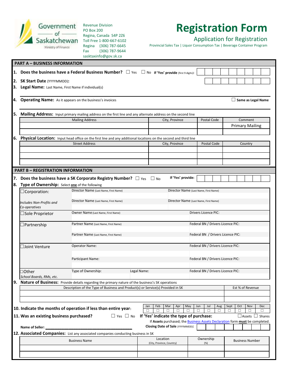 Application for Vendor's Licence/Consumer Registration - Saskatchewan, Canada, Page 1