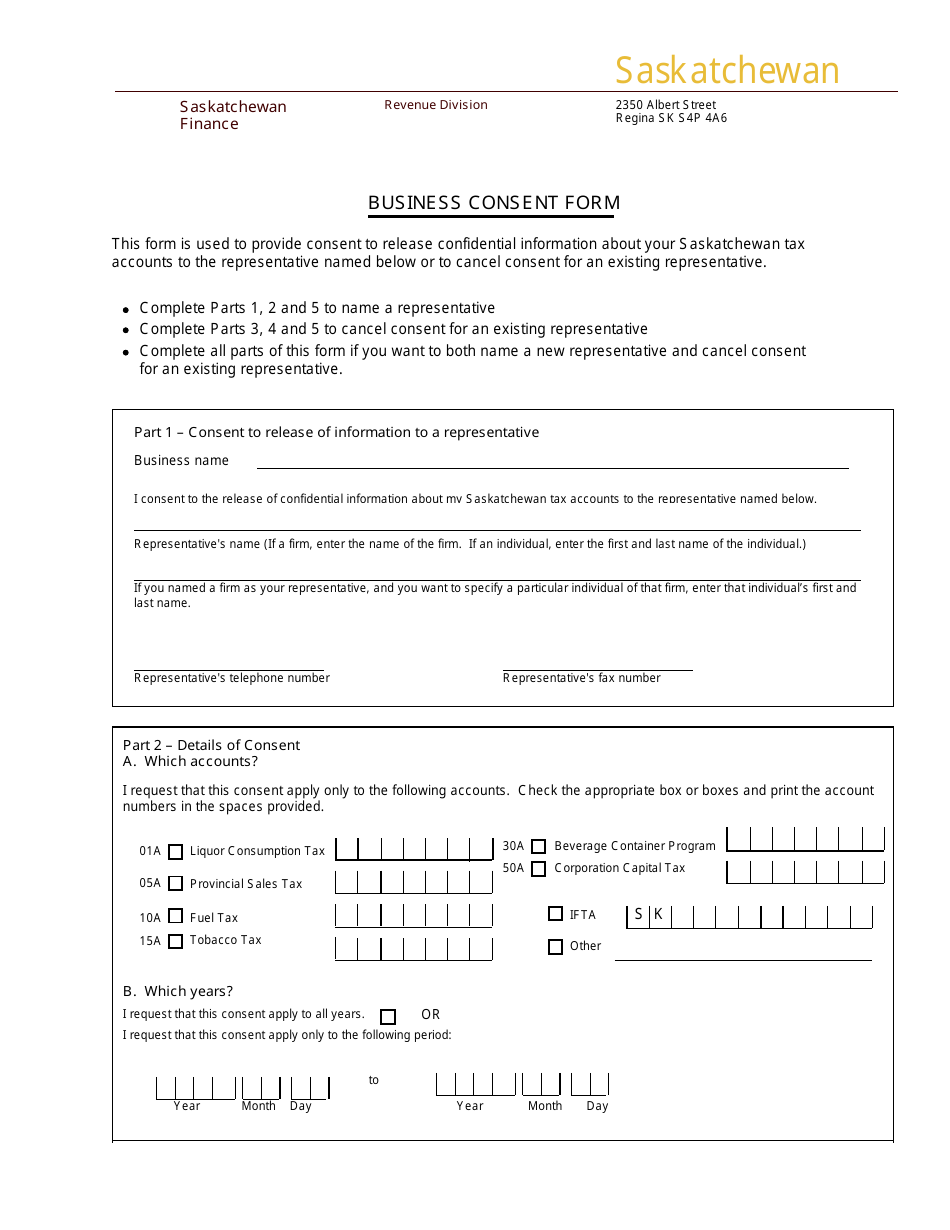 Business Consent Form - Saskatchewan, Canada, Page 1