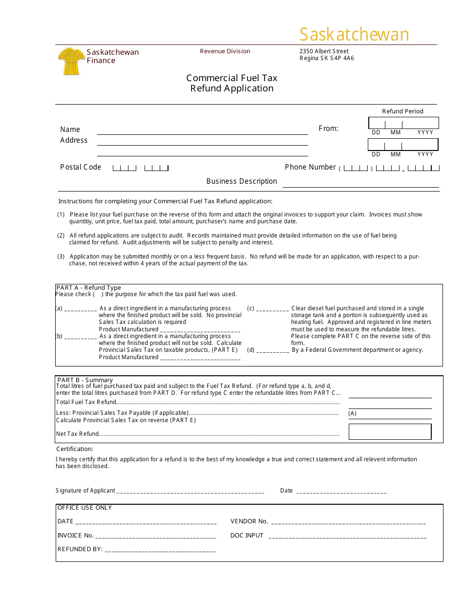 Commercial Fuel Tax Refund Application - Saskatchewan, Canada, Page 1