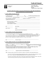 Document preview: Exempt Motor Vehicle Sales Certificate for Non-residents, Status Indians or Indian Bands - Saskatchewan, Canada