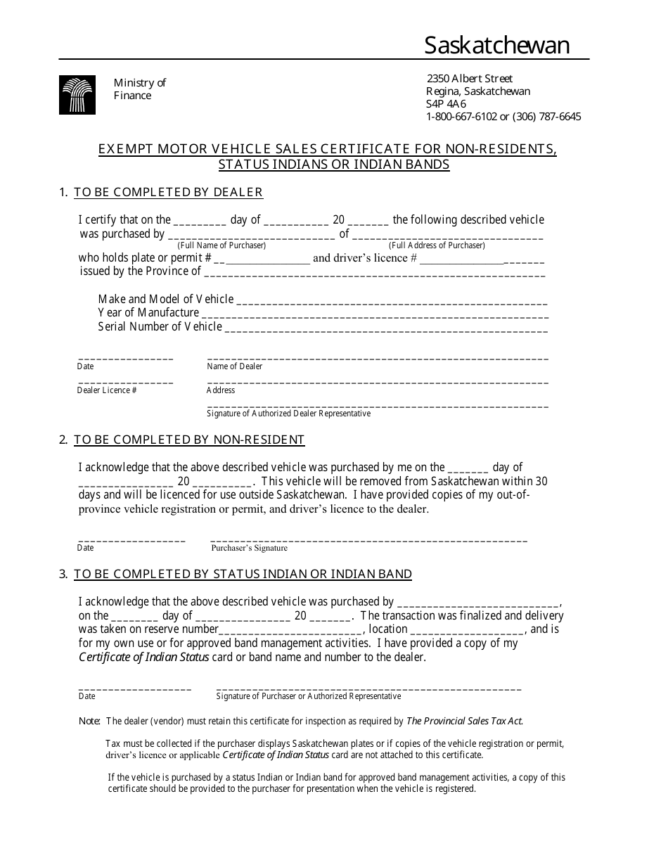 Exempt Motor Vehicle Sales Certificate for Non-residents, Status Indians or Indian Bands - Saskatchewan, Canada, Page 1