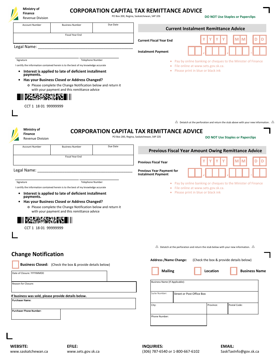 Corporation Capital Tax Remittance Advice - Saskatchewan, Canada, Page 1