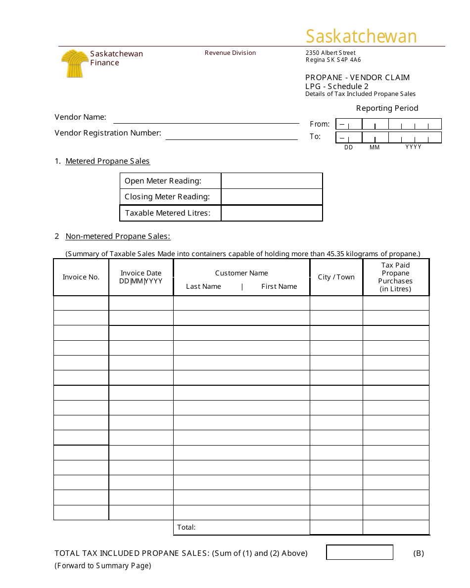 Schedule 2 Propane - Vendor Claim Lpg - Details of Tax Included Propane Sales - Saskatchewan, Canada, Page 1