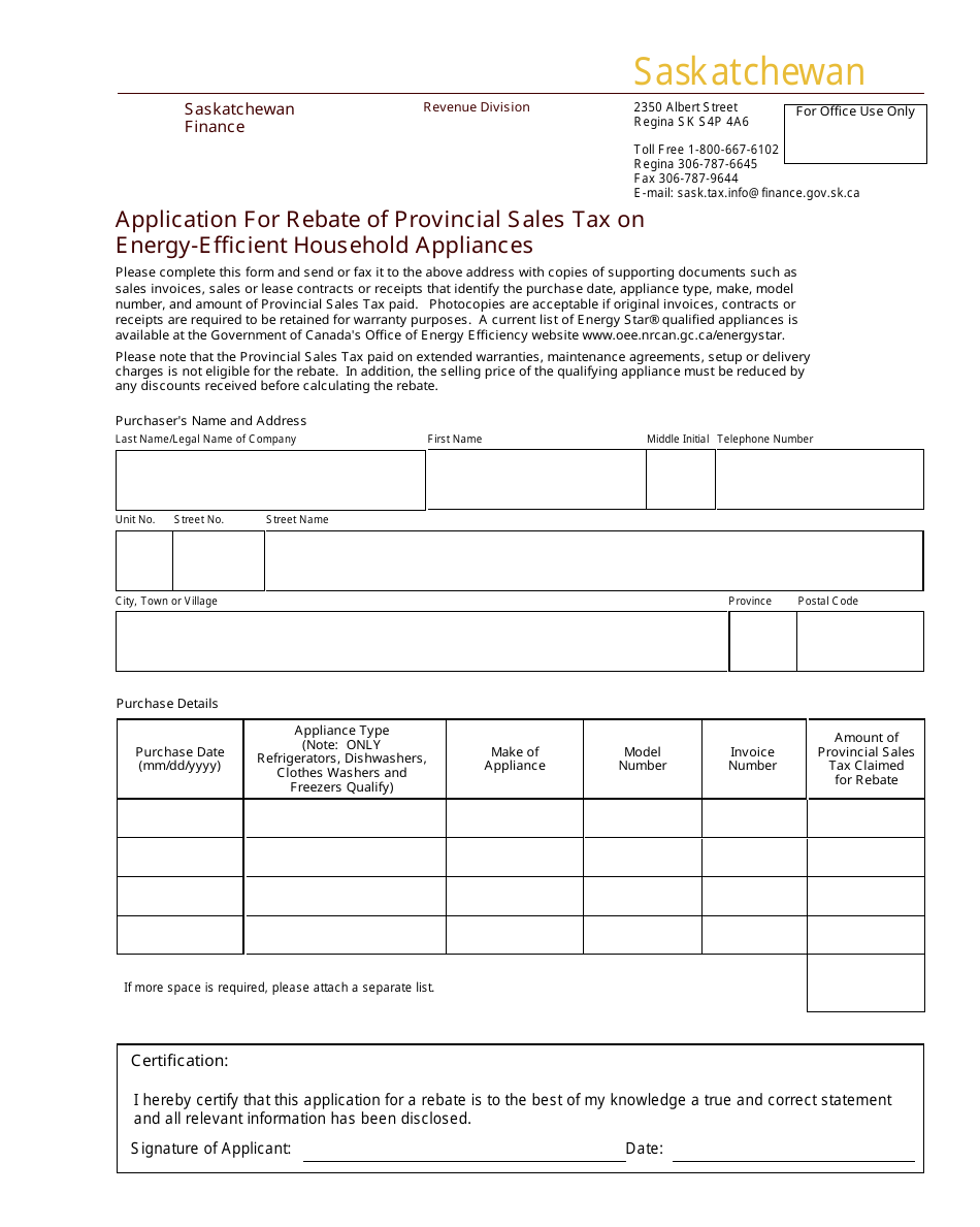 Application for Rebate of Provincial Sales Tax on Energy-Efficient Household Appliances - Saskatchewan, Canada, Page 1