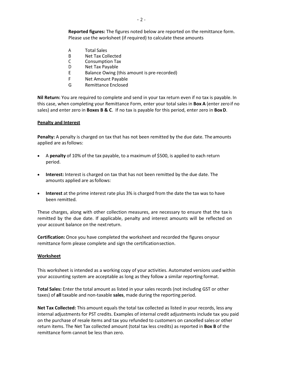 Instructions for Provincial Sales Tax Return - Saskatchewan, Canada, Page 2