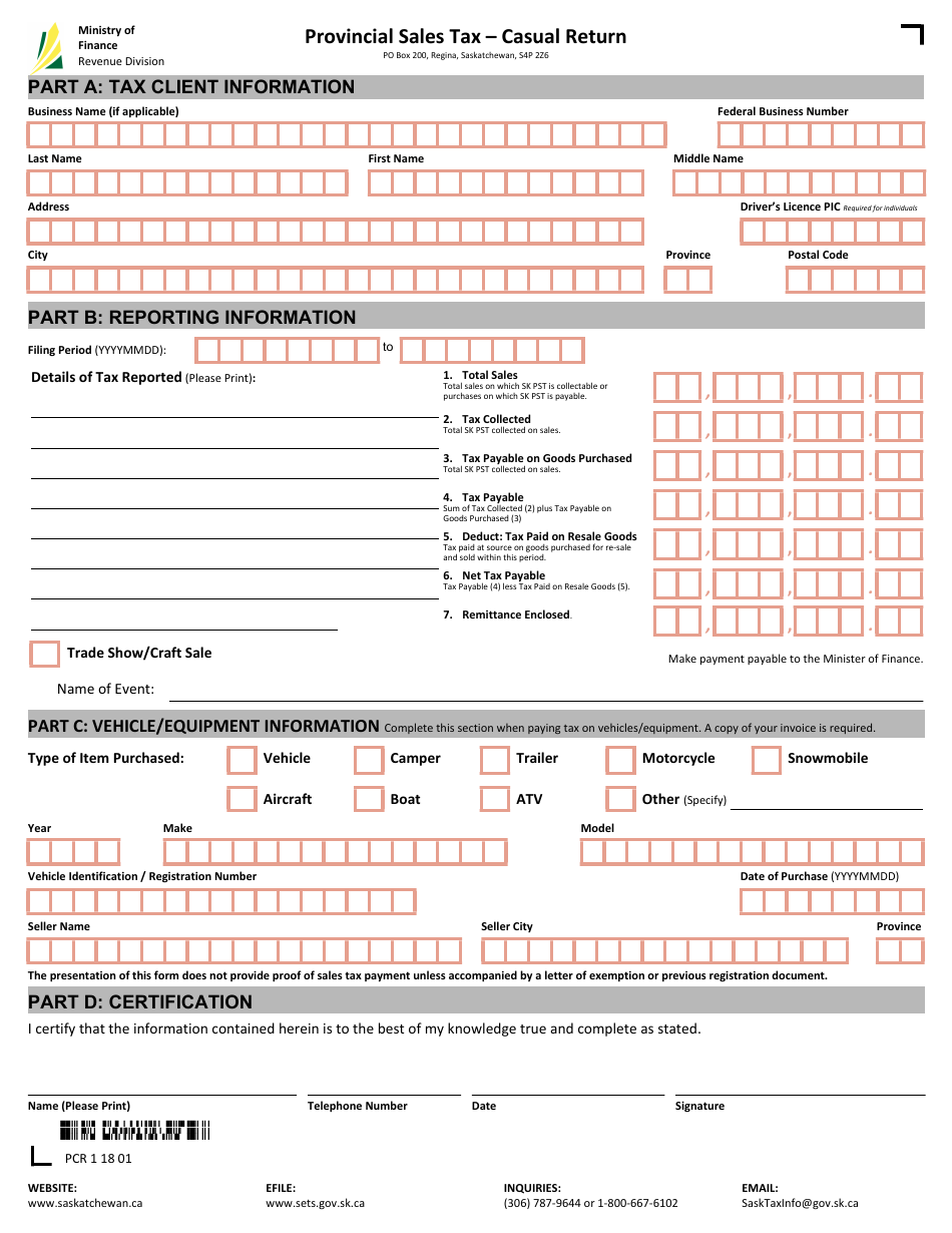 Form PCR1 Provincial Sales Tax - Casual Return - Saskatchewan, Canada, Page 1