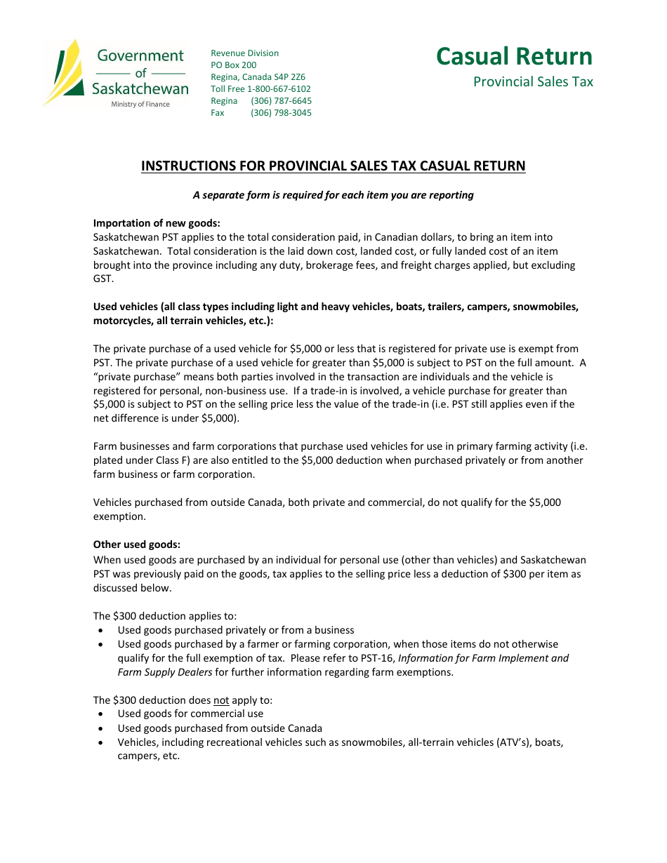 Form PCR1 Provincial Sales Tax - Casual Return - Saskatchewan, Canada, Page 2