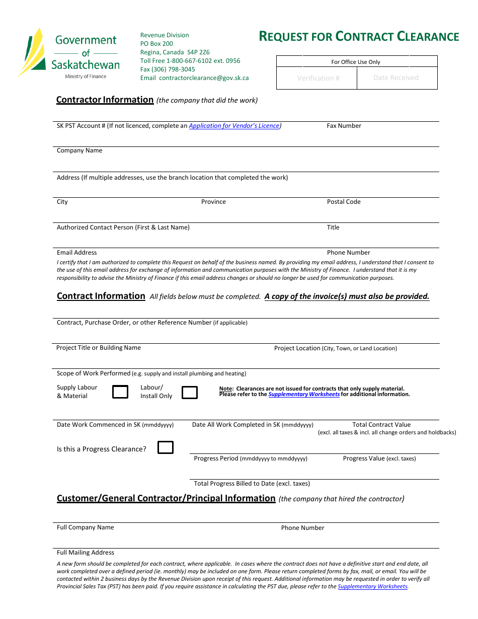 Request for Contract Clearance - Saskatchewan, Canada, Page 1