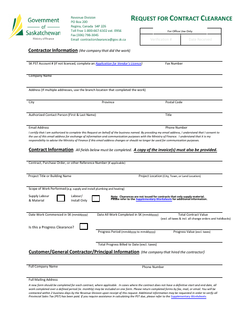 Request for Contract Clearance - Saskatchewan, Canada