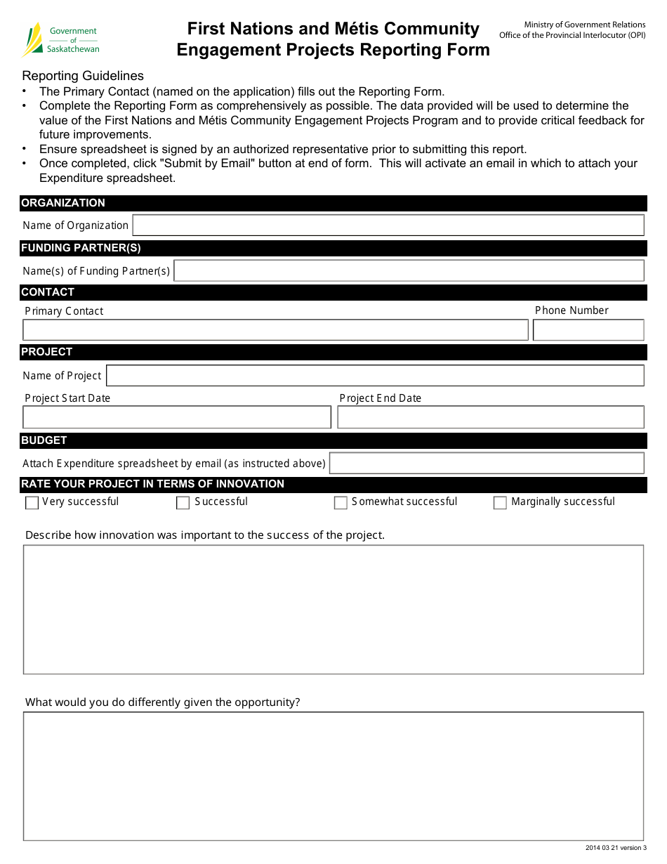 First Nations and Metis Community Engagement Projects Reporting Form - Saskatchewan, Canada, Page 1