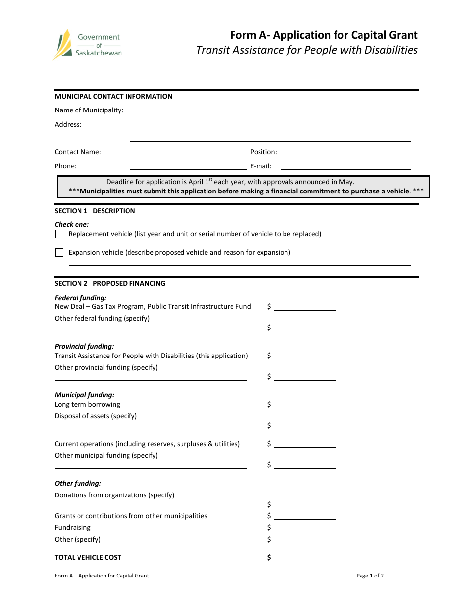 Form A Application for Capital Grant Transit Assistance for People With Disabilities - Saskatchewan, Canada, Page 1
