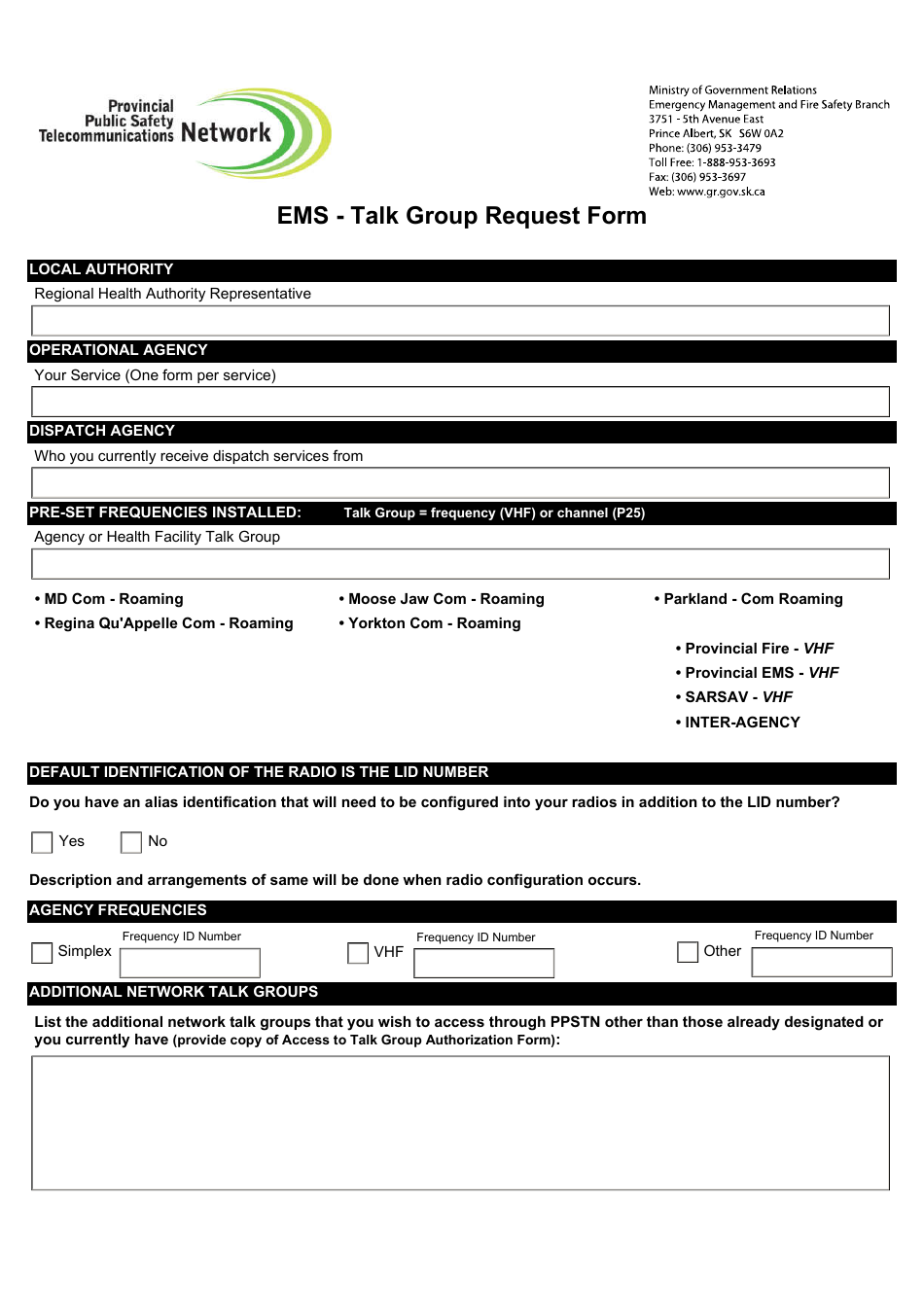 EMS - Talk Group Request Form - Saskatchewan, Canada, Page 1