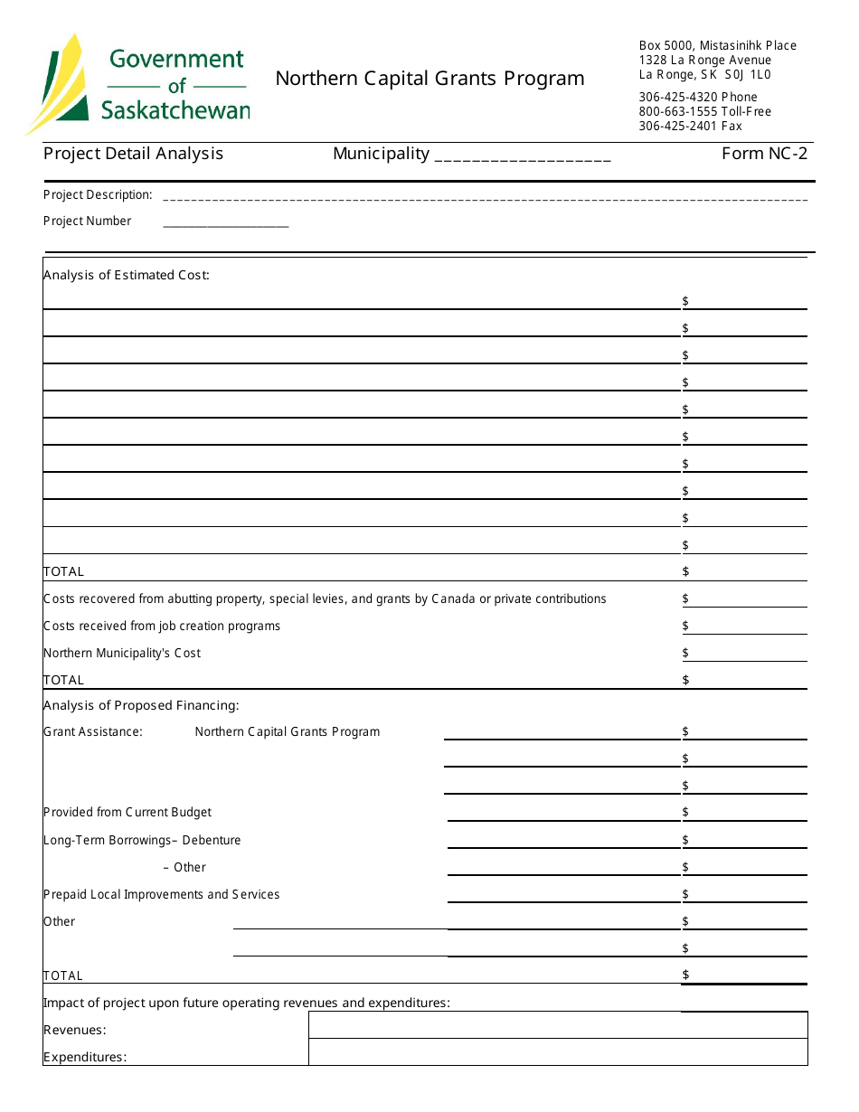 Form NC-2 Northern Capital Grants Program Project Detail Analysis - Saskatchewan, Canada, Page 1