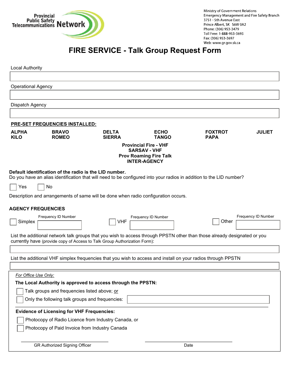 Fire Service - Talk Group Request Form - Saskatchewan, Canada, Page 1