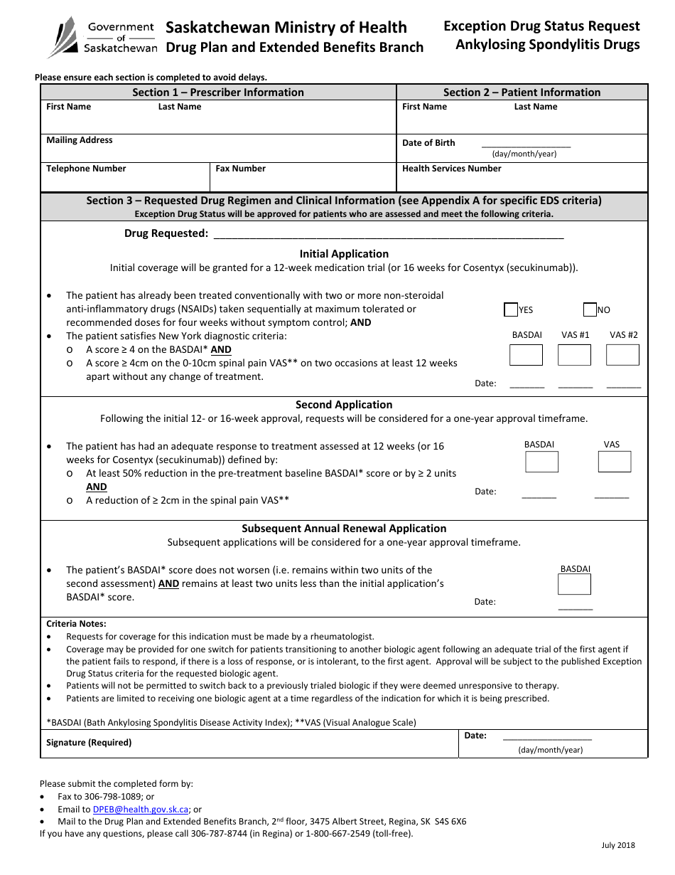 Exception Drug Status Application for Ankylosing Spondylitis Drugs - Saskatchewan, Canada, Page 1