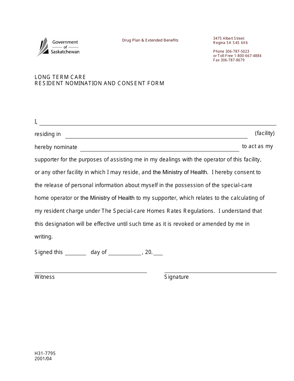 Form H31-7795 Long Term Care Resident Nomination and Consent Form - Saskatchewan, Canada, Page 1