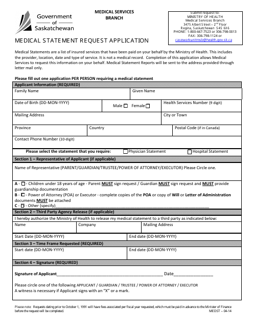 Medical Statement Request Application - Saskatchewan, Canada