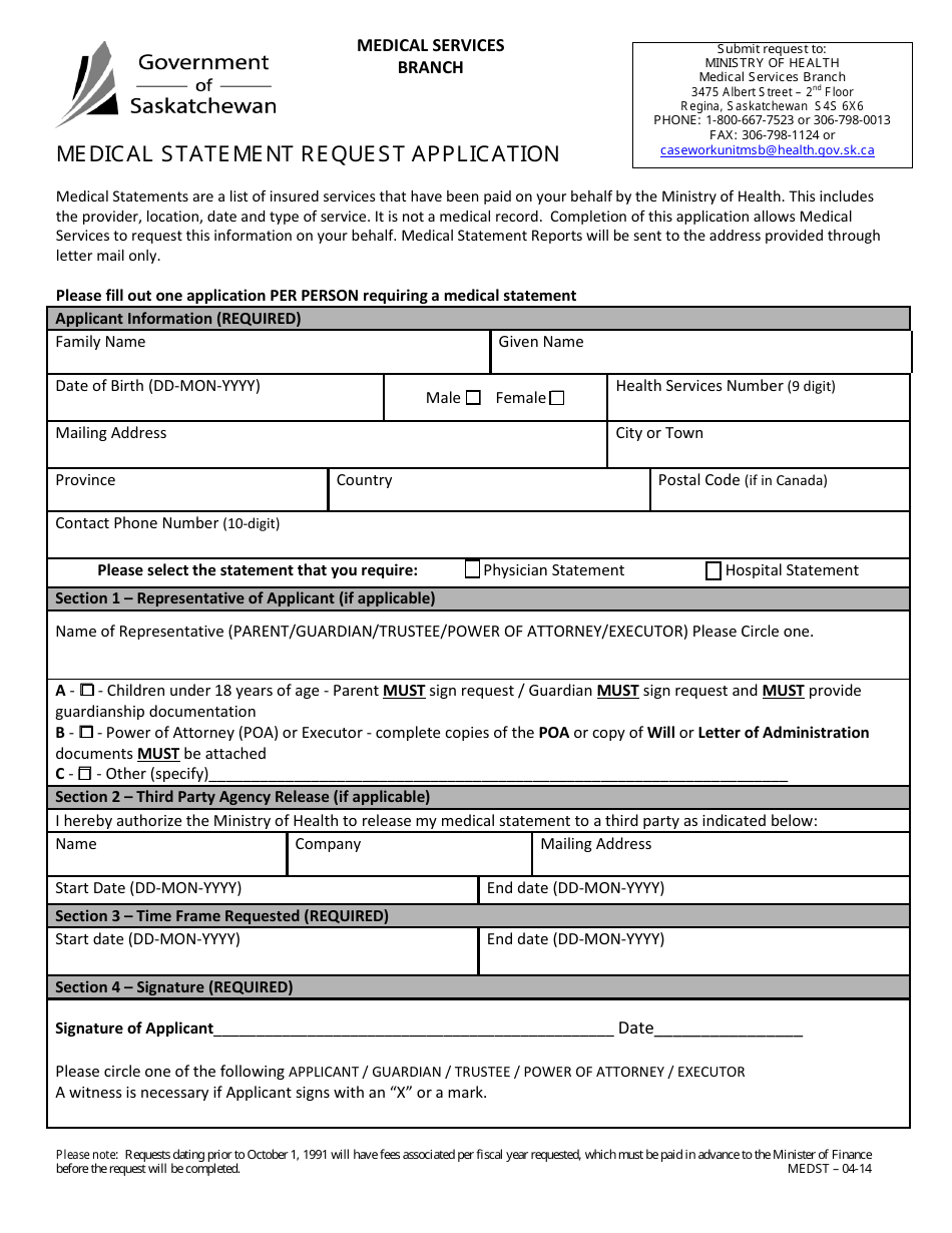 Medical Statement Request Application - Saskatchewan, Canada, Page 1