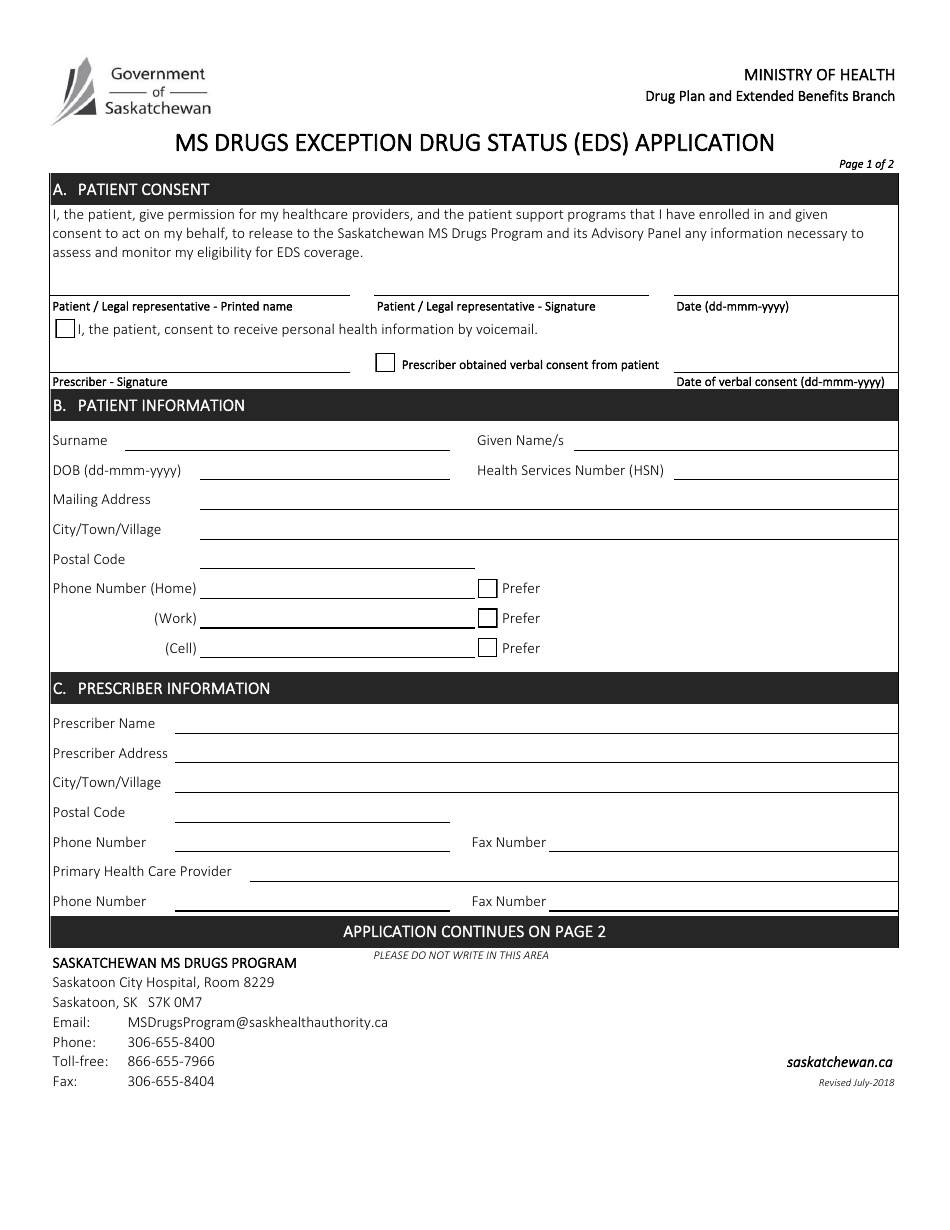 Saskatchewan Canada Ms Drugs Exception Drug Status (Eds) Application Fill Out, Sign Online and
