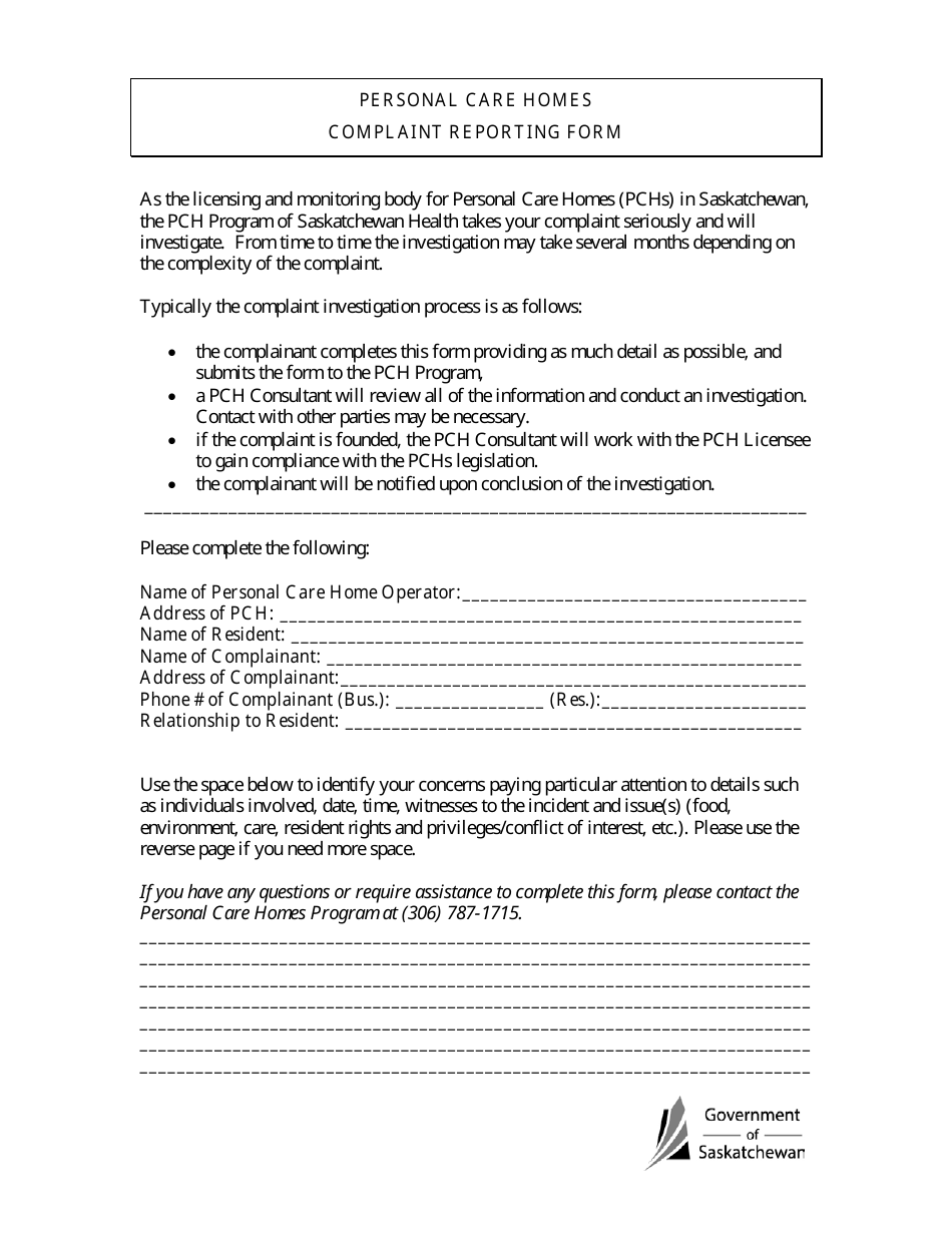 Personal Care Homes Complaint Reporting Form - Saskatchewan, Canada, Page 1