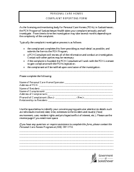 Document preview: Personal Care Homes Complaint Reporting Form - Saskatchewan, Canada