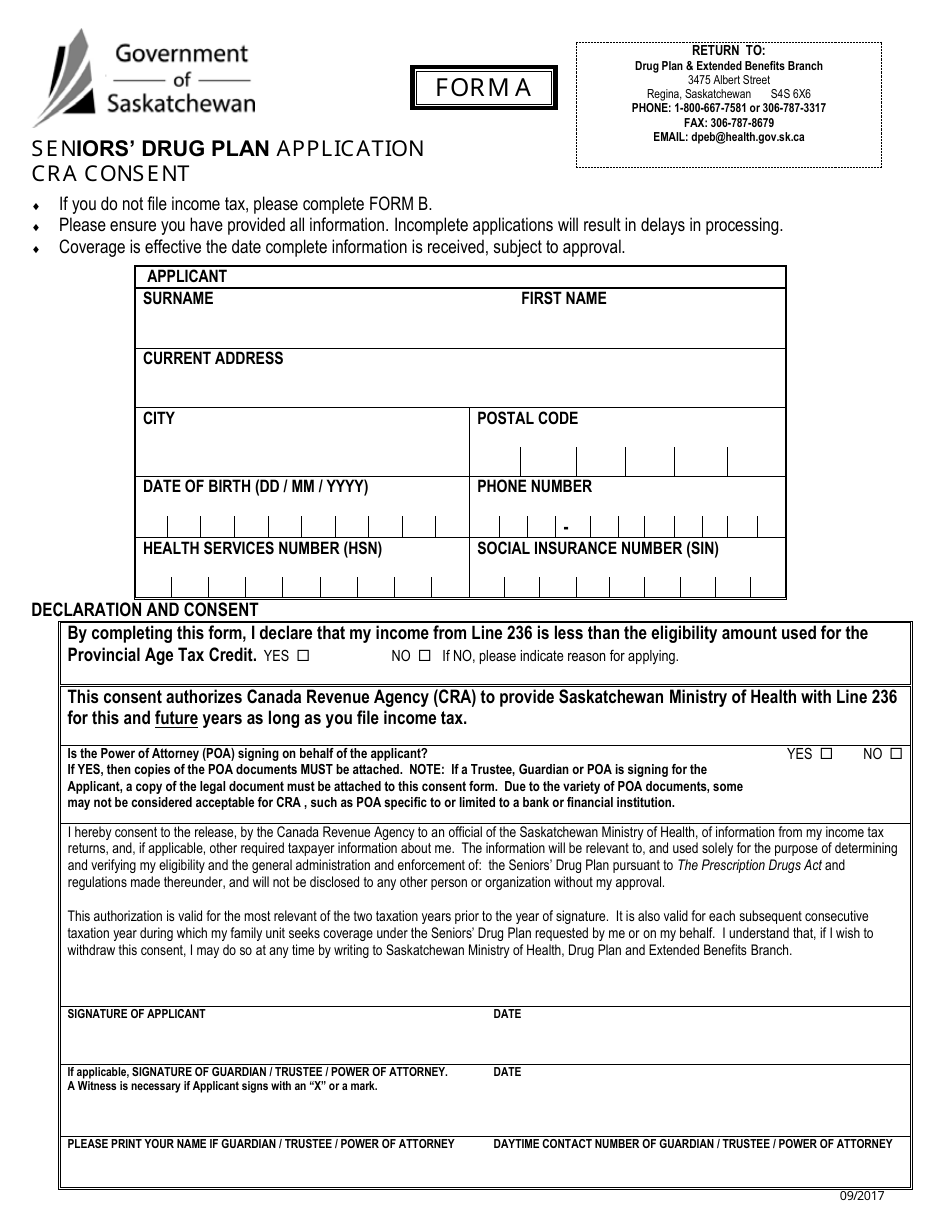 Form A Seniors' Drug Plan Application Cra Consent - Saskatchewan, Canada, Page 1
