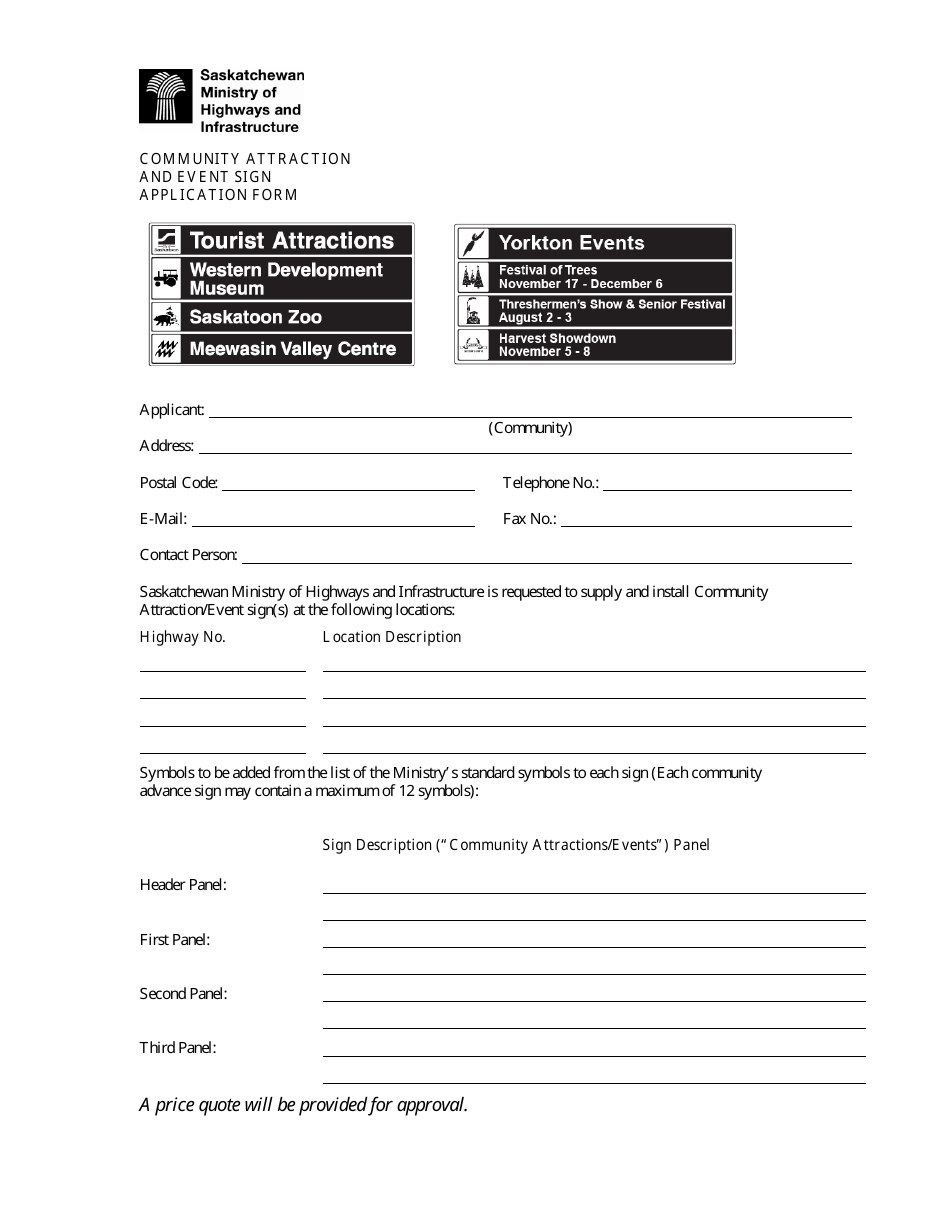 Community Attraction and Event Sign Application Form - Saskatchewan, Canada, Page 1