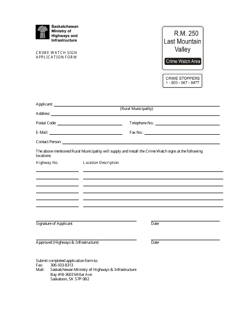 Crime Watch Sign Application Form - Saskatchewan, Canada Download Pdf