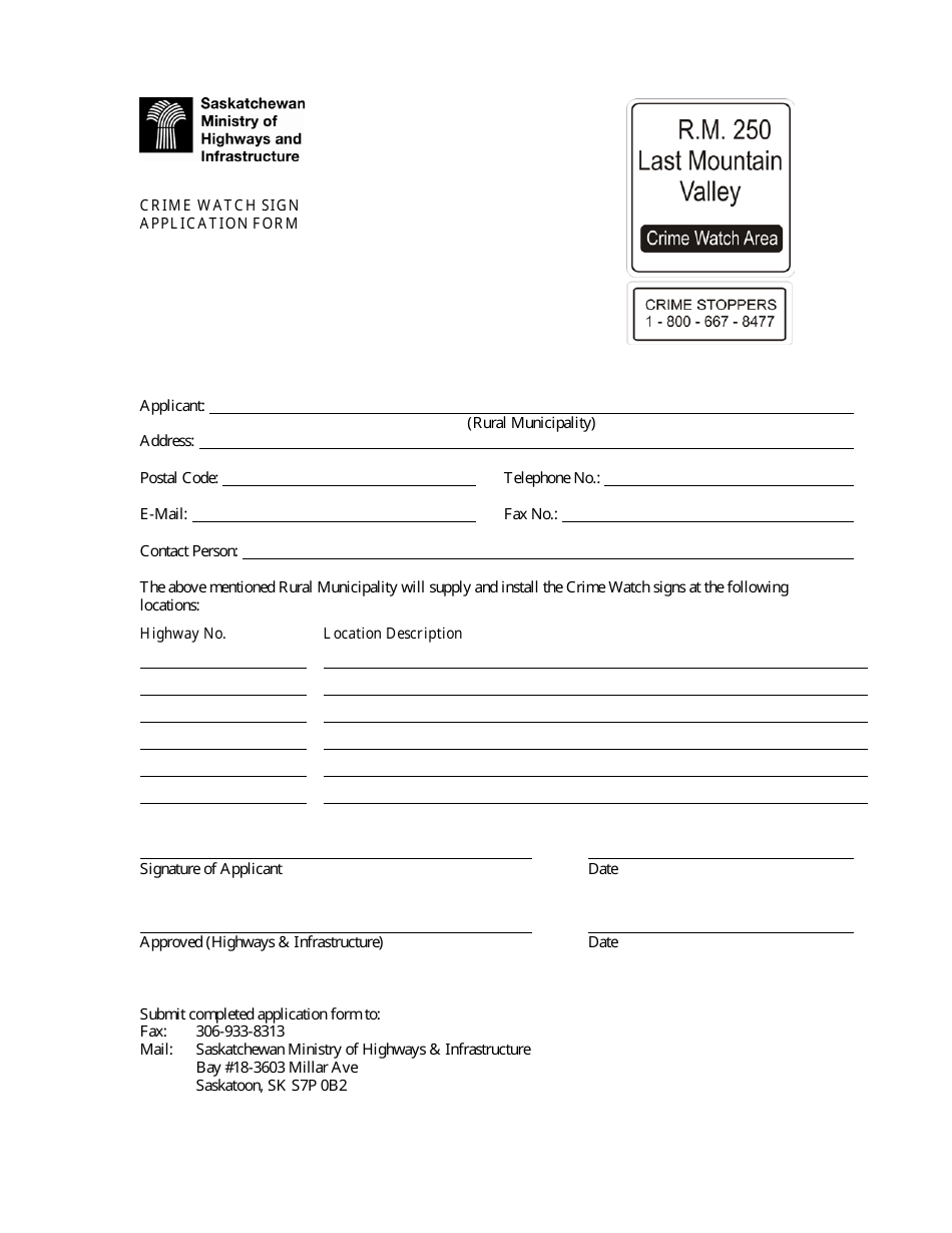 Crime Watch Sign Application Form - Saskatchewan, Canada, Page 1