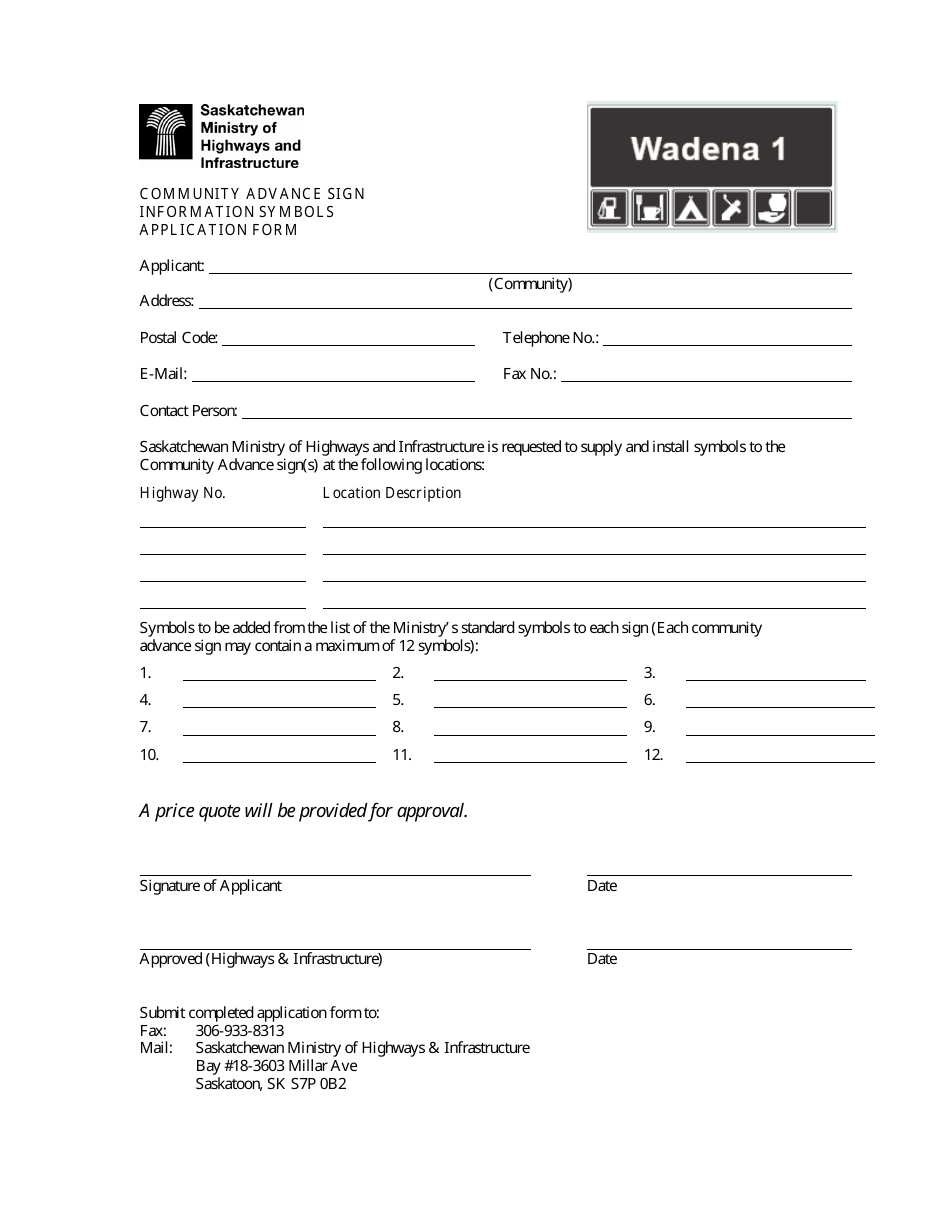 Community Advance Sign Information Symbols Application Form - Saskatchewan, Canada, Page 1